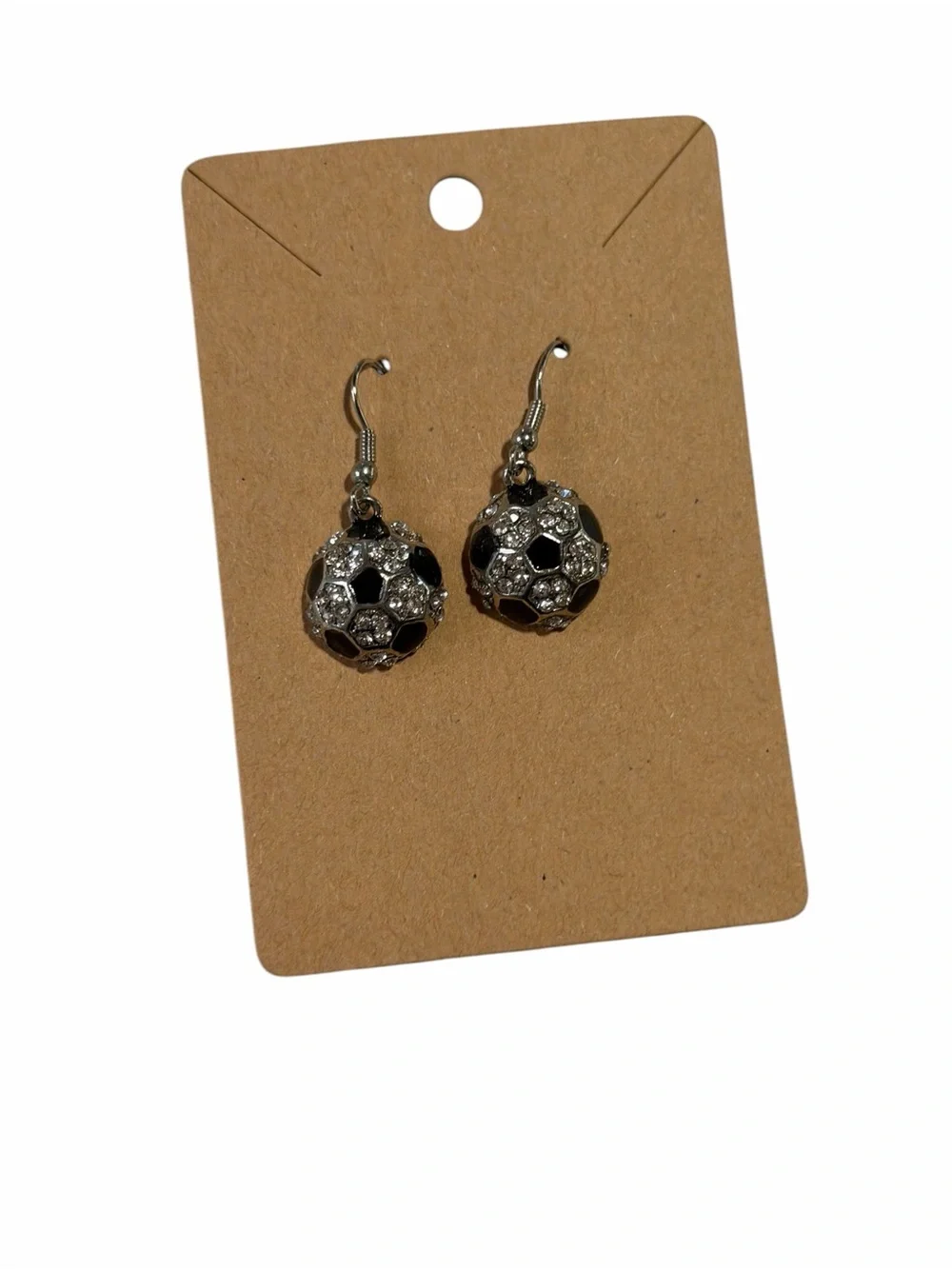 Silver Black Crystal Soccer Ball Dangle Earrings